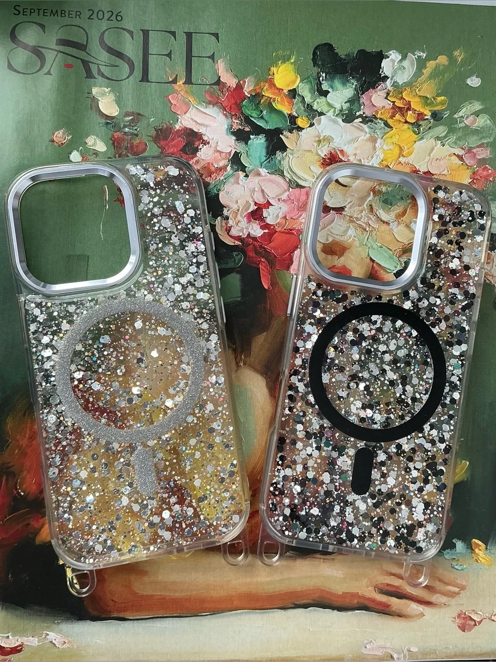 Glitter MagSafe-Compatible Clear iPhone 16 Pro Case with Silver & Black Accents